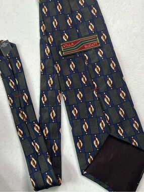 Bugatti Blue Gray Geometric Silk Tie with Burgundy and Cream Motif